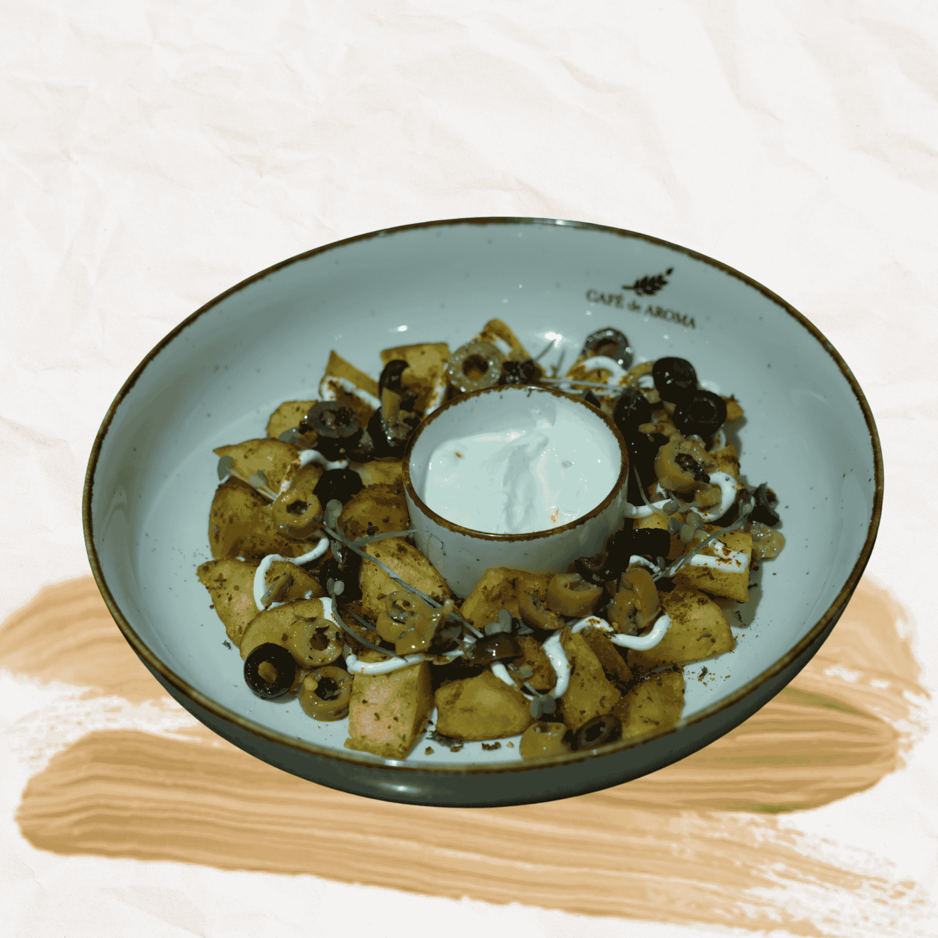 Mexican Parsley Patatas Bravas with Labneh Marinated Olives
